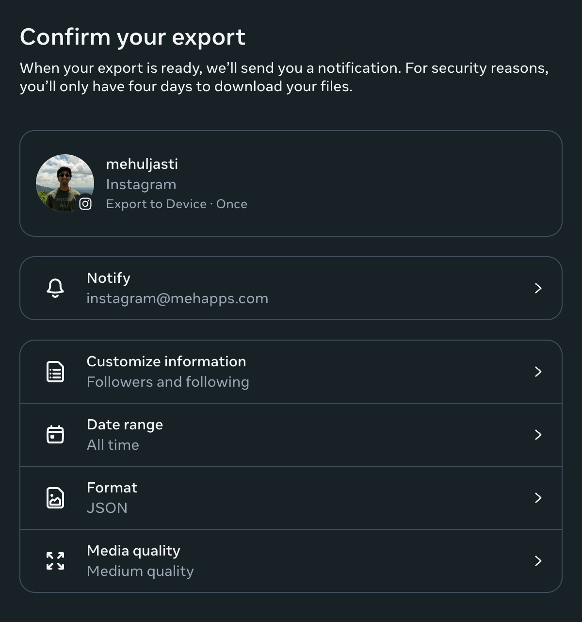 Instagram export settings example